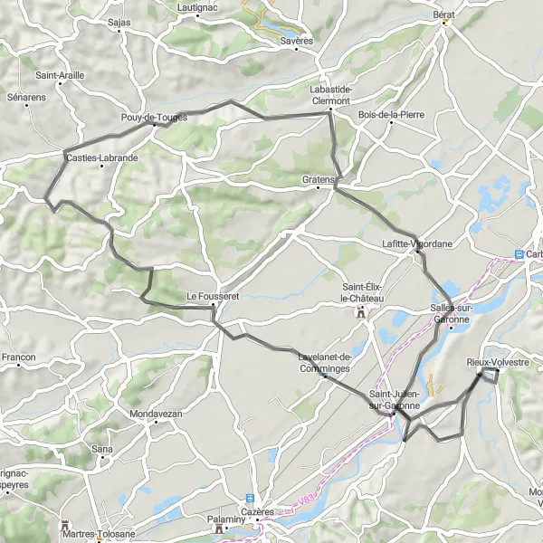 Miniaturní mapa "Cesta přes Le Fousseret a Gratens" inspirace pro cyklisty v oblasti Midi-Pyrénées, France. Vytvořeno pomocí plánovače tras Tarmacs.app