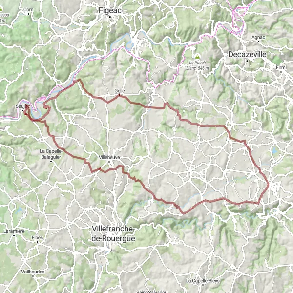 Mapa miniatúra "Gravel cyklotrasa Brandonnet - Villeneuve - Pech Caudie - Saujac - Saut de la Mounine - Balaguier-d'Olt - Peyrusse-le-Roc - Montbazens - Rignac" cyklistická inšpirácia v Midi-Pyrénées, France. Vygenerované cyklistickým plánovačom trás Tarmacs.app