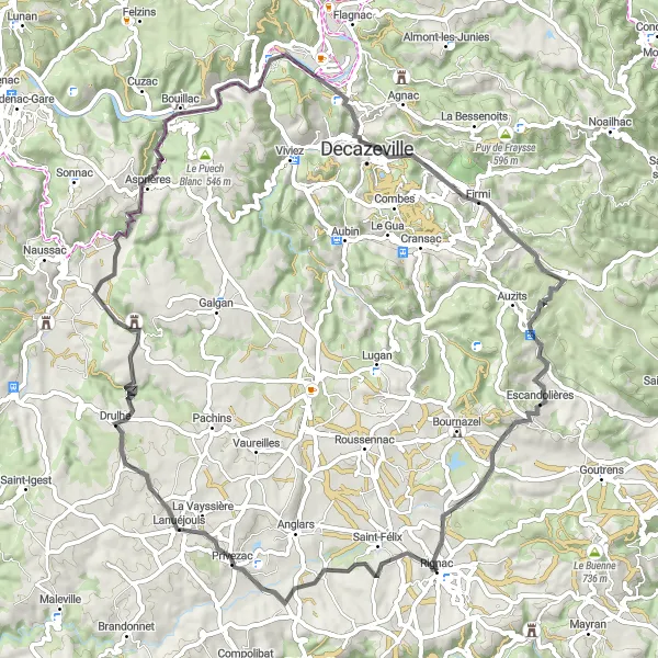 Miniatuurkaart van de fietsinspiratie "Rondrit door de Aveyron-vallei" in Midi-Pyrénées, France. Gemaakt door de Tarmacs.app fietsrouteplanner
