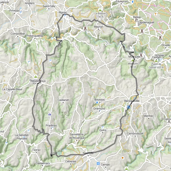 Miniatuurkaart van de fietsinspiratie "Verkenningstocht van Rignac naar Naucelle en Rieupeyroux" in Midi-Pyrénées, France. Gemaakt door de Tarmacs.app fietsrouteplanner