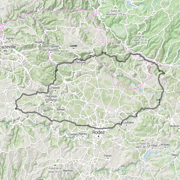 Miniatuurkaart van de fietsinspiratie "Wegroute naar Villecomtal" in Midi-Pyrénées, France. Gemaakt door de Tarmacs.app fietsrouteplanner