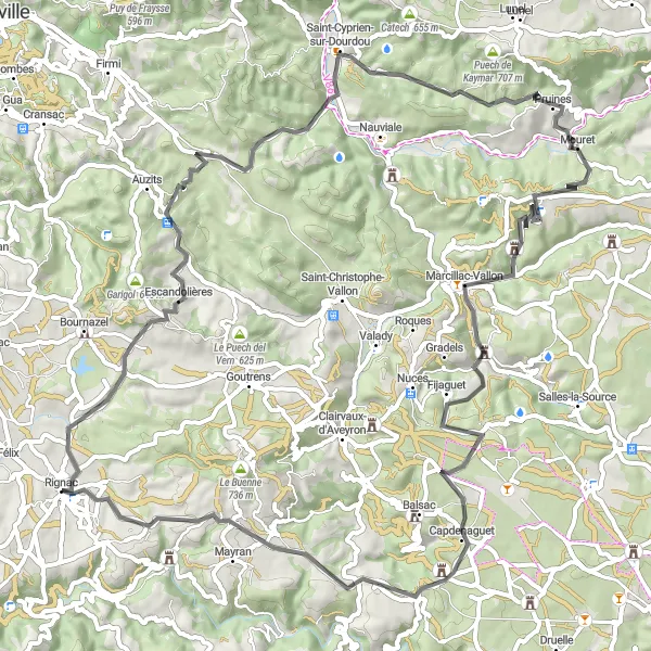 Miniaturní mapa "Road Tour okolo Rignac" inspirace pro cyklisty v oblasti Midi-Pyrénées, France. Vytvořeno pomocí plánovače tras Tarmacs.app