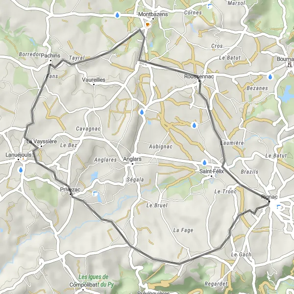 Zemljevid v pomanjšavi "Short road ride through quaint villages" kolesarske inspiracije v Midi-Pyrénées, France. Generirano z načrtovalcem kolesarskih poti Tarmacs.app