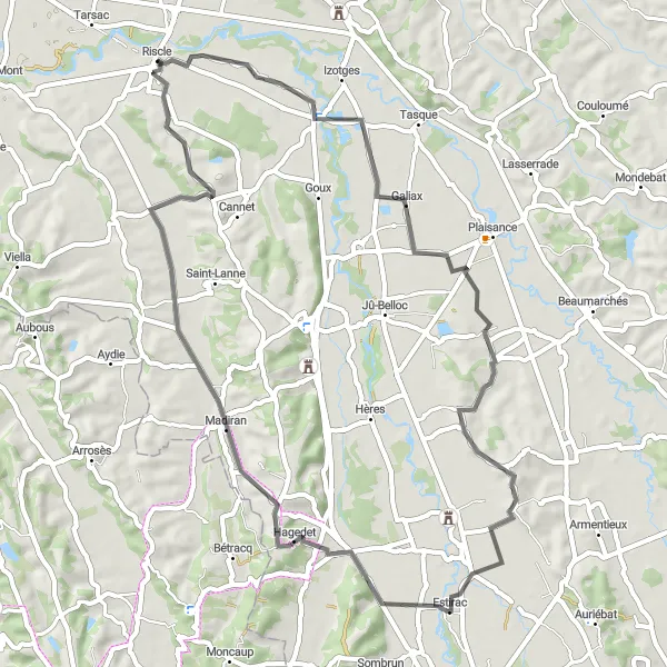 Zemljevid v pomanjšavi "Potovanje od Riscle do Cahuzac-sur-Adour" kolesarske inspiracije v Midi-Pyrénées, France. Generirano z načrtovalcem kolesarskih poti Tarmacs.app