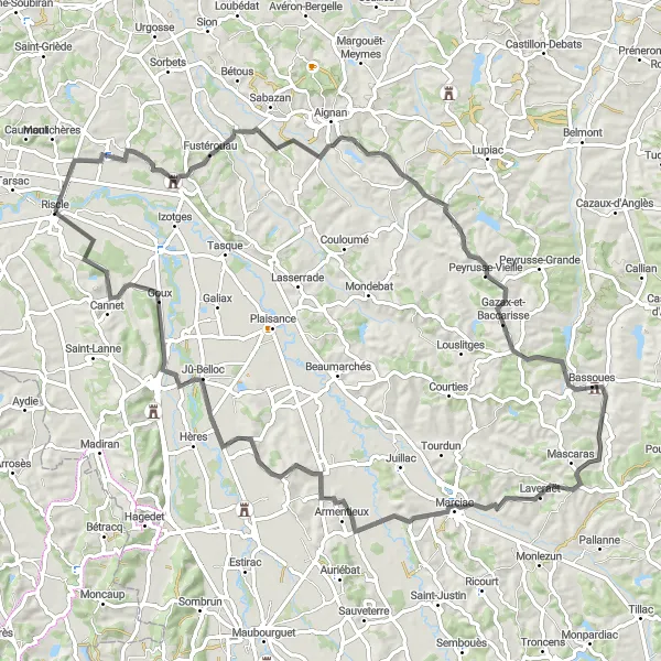 Miniatuurkaart van de fietsinspiratie "Rondje door het Gascogne Landschap" in Midi-Pyrénées, France. Gemaakt door de Tarmacs.app fietsrouteplanner