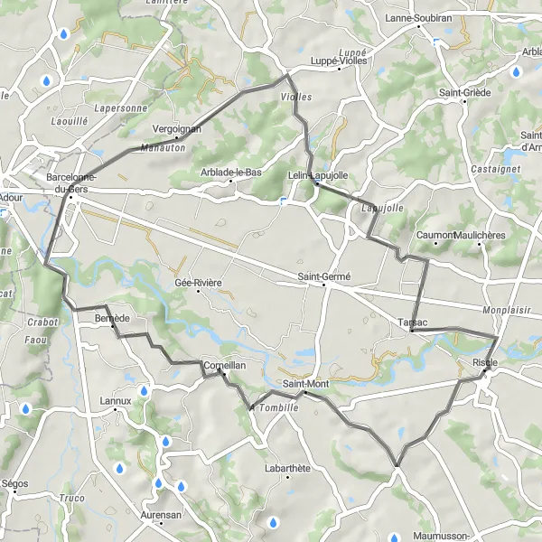 Miniature de la carte de l'inspiration cycliste "Boucle des Landes" dans la Midi-Pyrénées, France. Générée par le planificateur d'itinéraire cycliste Tarmacs.app