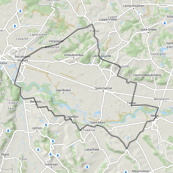 Map miniature of "The Beauty of Gascogne" cycling inspiration in Midi-Pyrénées, France. Generated by Tarmacs.app cycling route planner