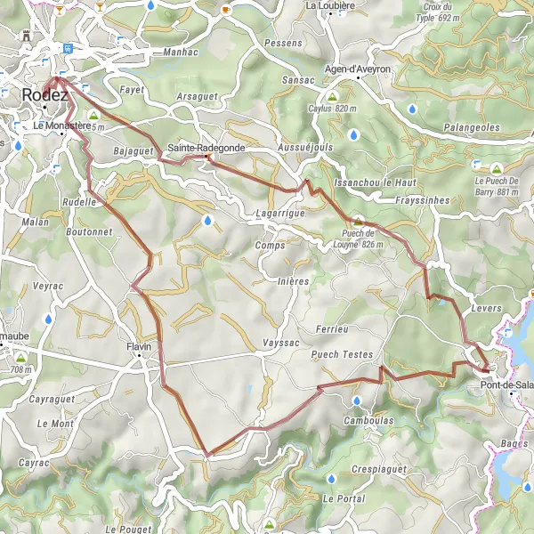 Miniatuurkaart van de fietsinspiratie "Graveltocht Rodez - Sainte-Radegonde" in Midi-Pyrénées, France. Gemaakt door de Tarmacs.app fietsrouteplanner