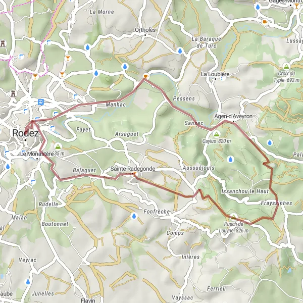 Mapa miniatúra "Gravel Rodez - Caylus" cyklistická inšpirácia v Midi-Pyrénées, France. Vygenerované cyklistickým plánovačom trás Tarmacs.app