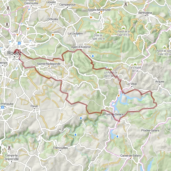 Map miniature of "Gravel Route around Rodez" cycling inspiration in Midi-Pyrénées, France. Generated by Tarmacs.app cycling route planner