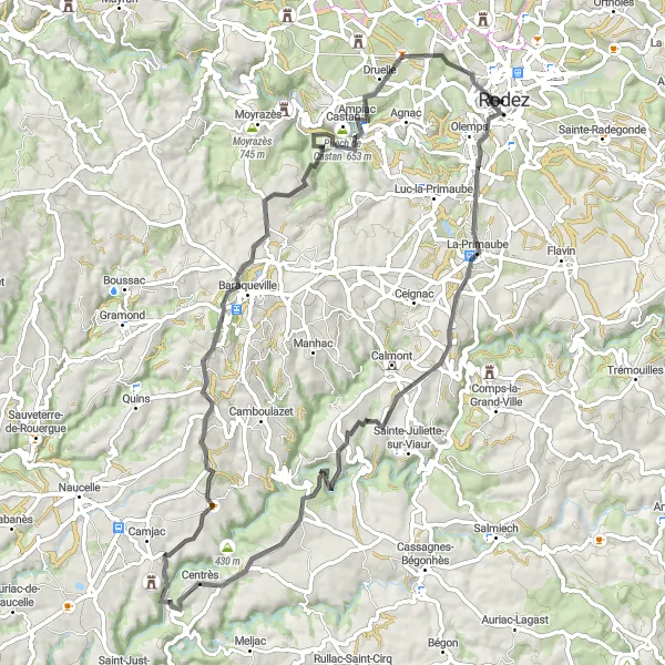 Map miniature of "The Châteaux and Countryside Road Cycling Route" cycling inspiration in Midi-Pyrénées, France. Generated by Tarmacs.app cycling route planner