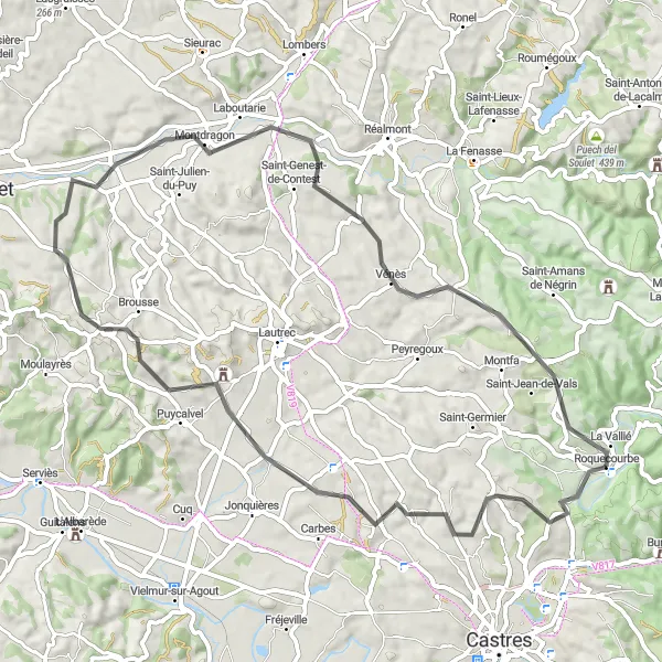 Miniaturní mapa "Cyklo okruh Château de Brametourte" inspirace pro cyklisty v oblasti Midi-Pyrénées, France. Vytvořeno pomocí plánovače tras Tarmacs.app