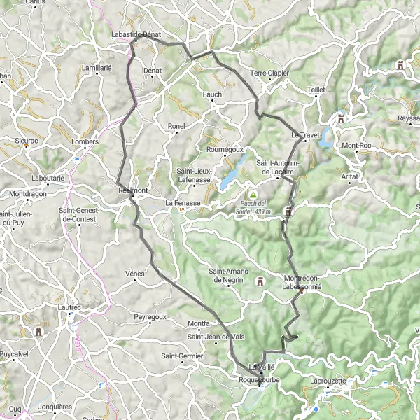 Kartminiatyr av "Scenisk cykeltur från Roquecourbe till Puech de Bellemène" cykelinspiration i Midi-Pyrénées, France. Genererad av Tarmacs.app cykelruttplanerare