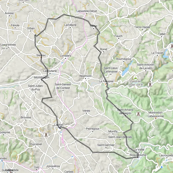 Karttaminiaatyyri "Kiemurteleva reitti Lautrecista Roquecourbeen" pyöräilyinspiraatiosta alueella Midi-Pyrénées, France. Luotu Tarmacs.app pyöräilyreittisuunnittelijalla