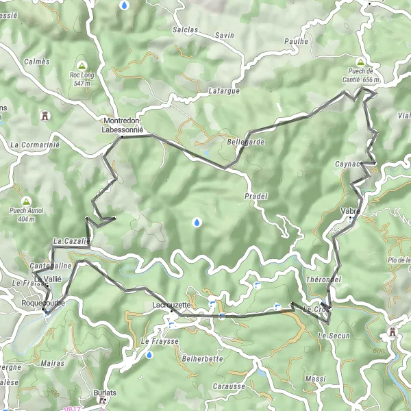 Miniaturekort af cykelinspirationen "Scenic Road Cycling Route near Roquecourbe" i Midi-Pyrénées, France. Genereret af Tarmacs.app cykelruteplanlægger