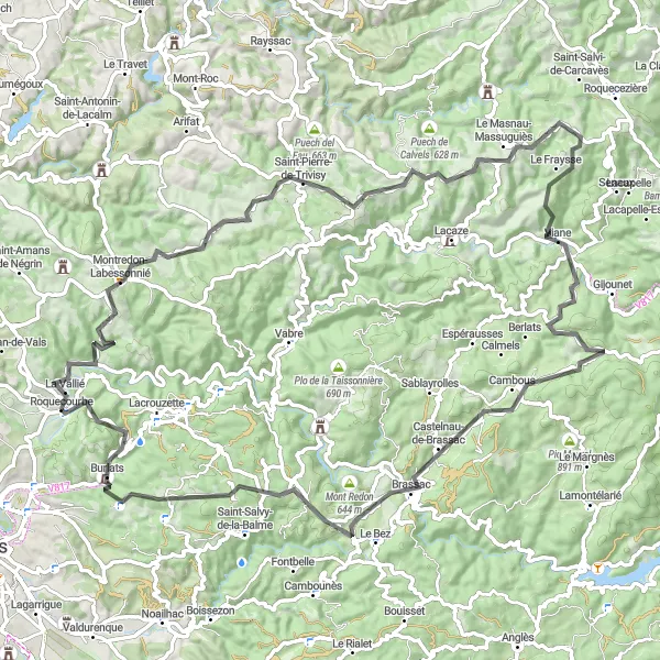 Kartminiatyr av "Oppdagelse av landsbyer i Midi-Pyrénées" sykkelinspirasjon i Midi-Pyrénées, France. Generert av Tarmacs.app sykkelrutoplanlegger