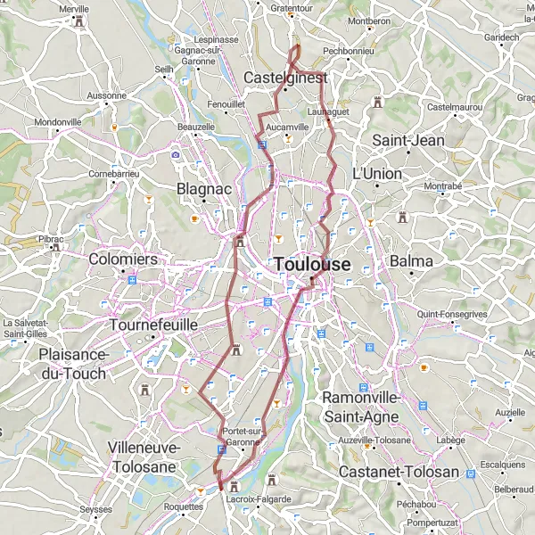 Miniatua del mapa de inspiración ciclista "Ruta de Grava Pinsaguel-Toulouse" en Midi-Pyrénées, France. Generado por Tarmacs.app planificador de rutas ciclistas