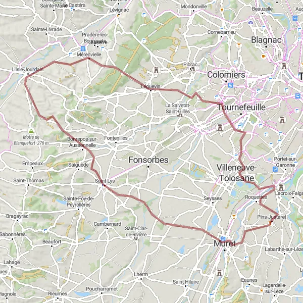 Map miniature of "Gravel Adventure: Muret to Roquettes" cycling inspiration in Midi-Pyrénées, France. Generated by Tarmacs.app cycling route planner