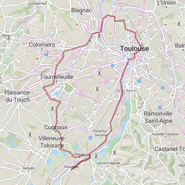 Map miniature of "Exploring Toulouse: Off-Road Gravel Adventure" cycling inspiration in Midi-Pyrénées, France. Generated by Tarmacs.app cycling route planner