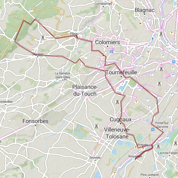Kartminiatyr av "Grusvei sykkeltur fra Roquettes" sykkelinspirasjon i Midi-Pyrénées, France. Generert av Tarmacs.app sykkelrutoplanlegger