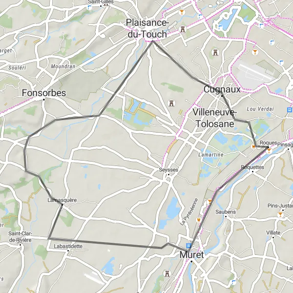 Mapa miniatúra "Okruh z Roquettes do Muretu" cyklistická inšpirácia v Midi-Pyrénées, France. Vygenerované cyklistickým plánovačom trás Tarmacs.app