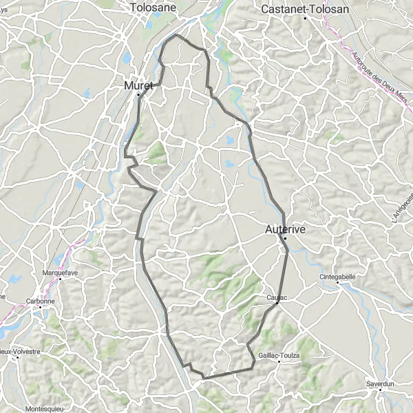 Karttaminiaatyyri "Roquettes - Venerque - Muret - Saint-Sulpice-sur-Lèze" pyöräilyinspiraatiosta alueella Midi-Pyrénées, France. Luotu Tarmacs.app pyöräilyreittisuunnittelijalla