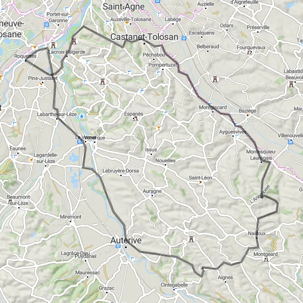 Miniatua del mapa de inspiración ciclista "Aventura de 83 km: Roquettes a Pinsaguel" en Midi-Pyrénées, France. Generado por Tarmacs.app planificador de rutas ciclistas