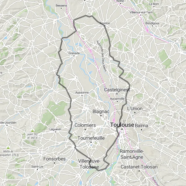 Mapa miniatúra "Výlet na cesty okolo Toulouse" cyklistická inšpirácia v Midi-Pyrénées, France. Vygenerované cyklistickým plánovačom trás Tarmacs.app