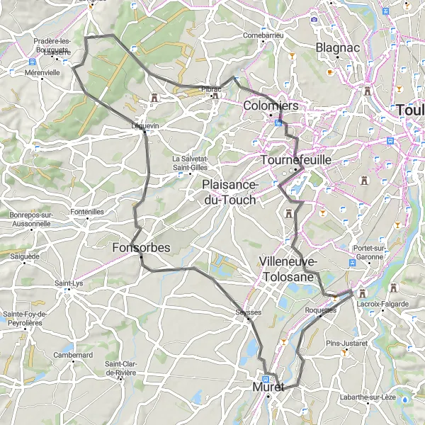 Miniatua del mapa de inspiración ciclista "Ruta panorámica de 72 km: Saubens a Roquettes" en Midi-Pyrénées, France. Generado por Tarmacs.app planificador de rutas ciclistas
