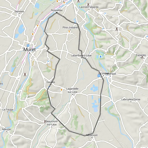 Mapa miniatúra "Pokojná cyklistická cesta okolo Roquettes" cyklistická inšpirácia v Midi-Pyrénées, France. Vygenerované cyklistickým plánovačom trás Tarmacs.app