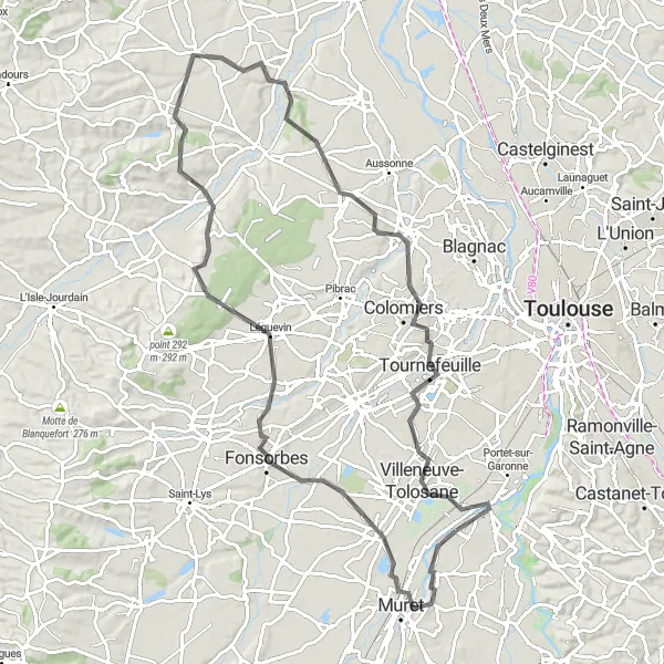 Miniatua del mapa de inspiración ciclista "Ruta escénica desde Muret a Roquettes" en Midi-Pyrénées, France. Generado por Tarmacs.app planificador de rutas ciclistas