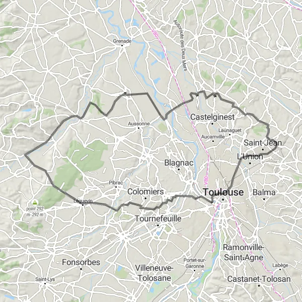 Miniatua del mapa de inspiración ciclista "Ruta en bicicleta por los alrededores de Bruguières" en Midi-Pyrénées, France. Generado por Tarmacs.app planificador de rutas ciclistas