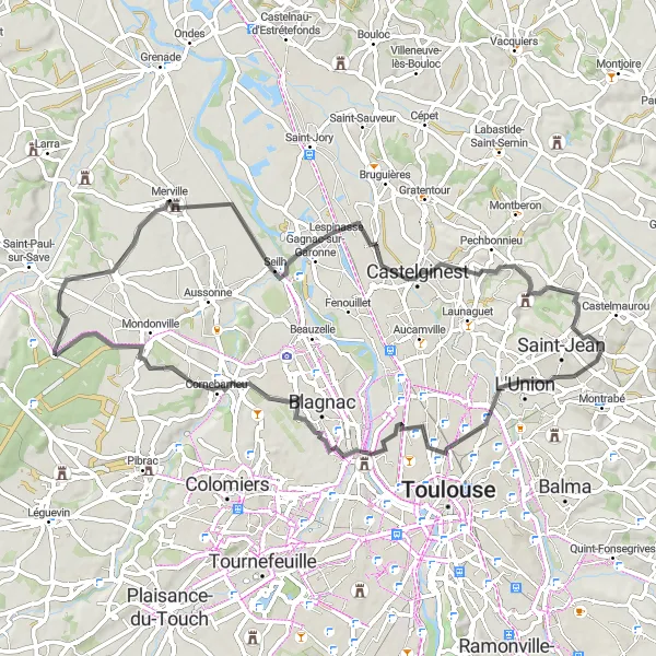 Mapa miniatúra "Okruh kolem Rouffiac-Tolosan" cyklistická inšpirácia v Midi-Pyrénées, France. Vygenerované cyklistickým plánovačom trás Tarmacs.app