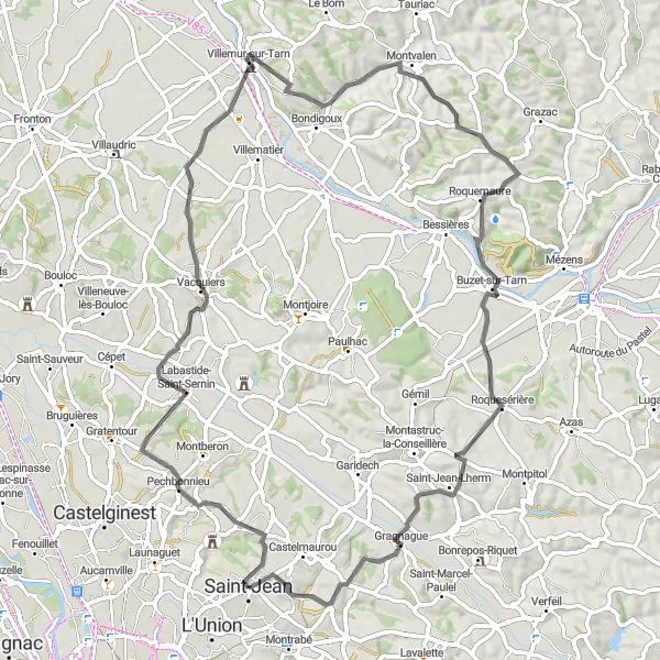 Kartminiatyr av "Historisk tur til Labastide-Saint-Sernin og Saint-Jean" sykkelinspirasjon i Midi-Pyrénées, France. Generert av Tarmacs.app sykkelrutoplanlegger