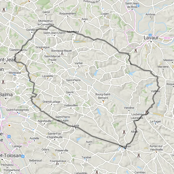Miniatua del mapa de inspiración ciclista "Ruta de ciclismo con subidas cerca de Rouffiac-Tolosan" en Midi-Pyrénées, France. Generado por Tarmacs.app planificador de rutas ciclistas
