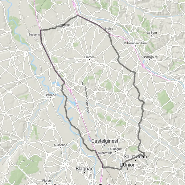 Kartminiatyr av "Äventyrlig runda genom Gagnac-sur-Garonne och Orgueil" cykelinspiration i Midi-Pyrénées, France. Genererad av Tarmacs.app cykelruttplanerare