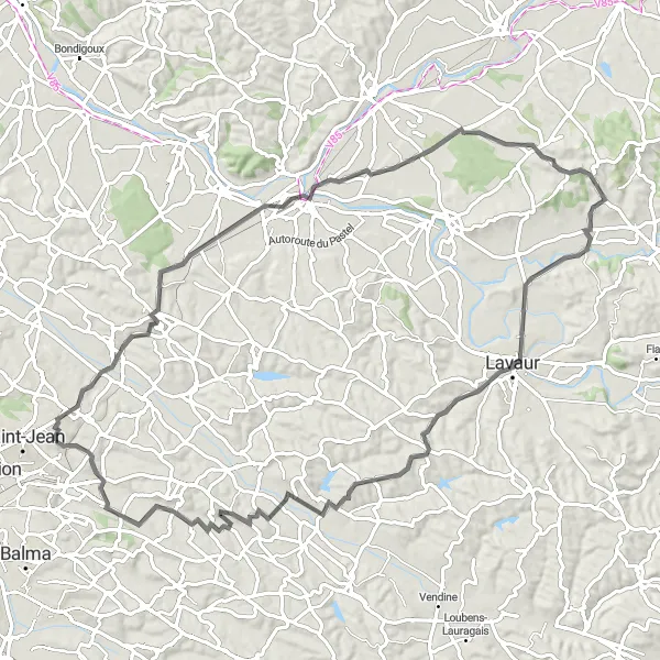 Miniaturní mapa "Prozkoumání venkovské krajiny" inspirace pro cyklisty v oblasti Midi-Pyrénées, France. Vytvořeno pomocí plánovače tras Tarmacs.app