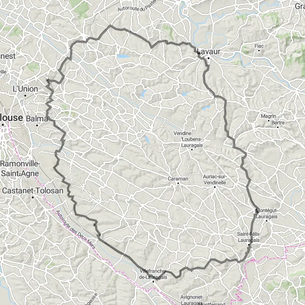 Mapa miniatúra "Zaujímavé cesty okolo Rouffiac-Tolosan" cyklistická inšpirácia v Midi-Pyrénées, France. Vygenerované cyklistickým plánovačom trás Tarmacs.app