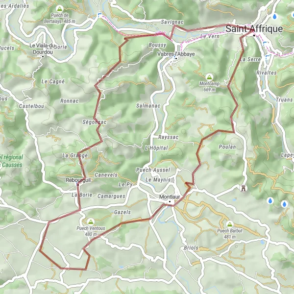 Miniaturekort af cykelinspirationen "Gruscykelrute til Puech d'Aumières og Vabres-l'Abbaye" i Midi-Pyrénées, France. Genereret af Tarmacs.app cykelruteplanlægger