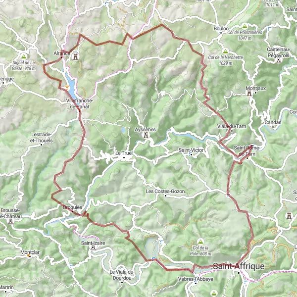 Kartminiatyr av "Utmanande terräng runt Saint-Affrique" cykelinspiration i Midi-Pyrénées, France. Genererad av Tarmacs.app cykelruttplanerare