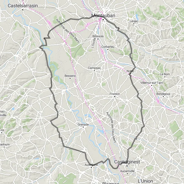 Map miniature of "Historic Towns and Scenic Landscapes" cycling inspiration in Midi-Pyrénées, France. Generated by Tarmacs.app cycling route planner