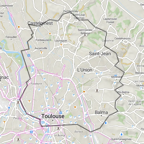 Zemljevid v pomanjšavi "Kolesarska pot do Toit-terrasse des Galeries Lafayette" kolesarske inspiracije v Midi-Pyrénées, France. Generirano z načrtovalcem kolesarskih poti Tarmacs.app