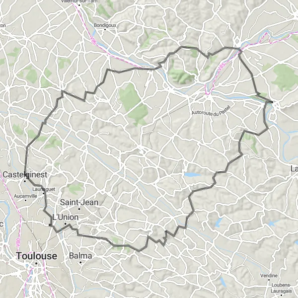 Karttaminiaatyyri "Toulouse to L'Union Loop" pyöräilyinspiraatiosta alueella Midi-Pyrénées, France. Luotu Tarmacs.app pyöräilyreittisuunnittelijalla