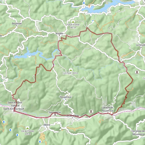 Miniaturní mapa "Gravel Route to Saint-Amans-Soult" inspirace pro cyklisty v oblasti Midi-Pyrénées, France. Vytvořeno pomocí plánovače tras Tarmacs.app