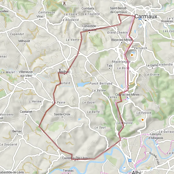 Mapa miniatúra "Gravelový okruh cez okolie Saint-Benoît-de-Carmaux" cyklistická inšpirácia v Midi-Pyrénées, France. Vygenerované cyklistickým plánovačom trás Tarmacs.app