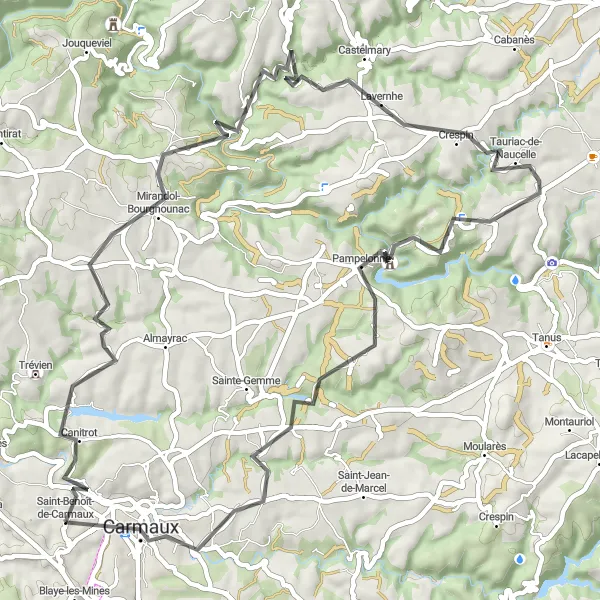 Mapa miniatúra "Okruh cez Mirandol-Bourgnounac" cyklistická inšpirácia v Midi-Pyrénées, France. Vygenerované cyklistickým plánovačom trás Tarmacs.app