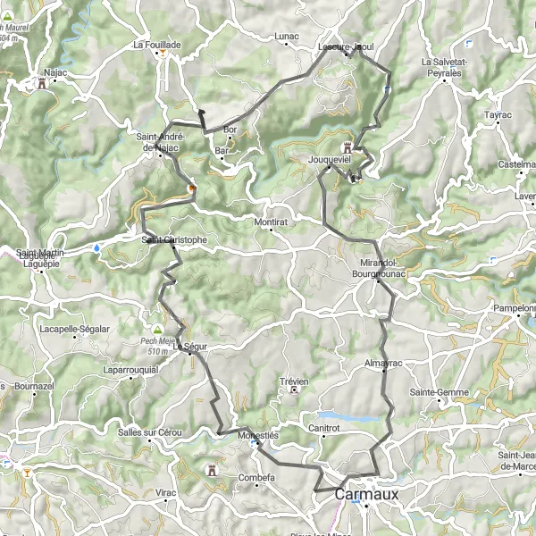 Mapa miniatúra "Okruh cez Monestiés" cyklistická inšpirácia v Midi-Pyrénées, France. Vygenerované cyklistickým plánovačom trás Tarmacs.app