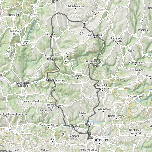 Map miniature of "Monestiés Loop" cycling inspiration in Midi-Pyrénées, France. Generated by Tarmacs.app cycling route planner