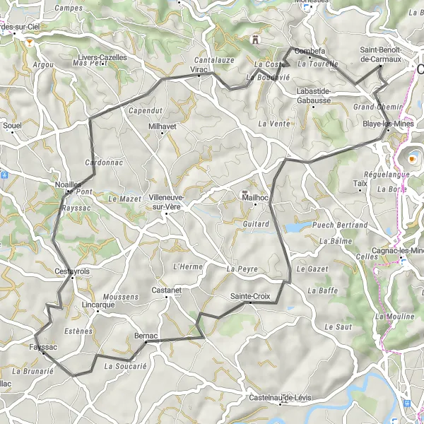 Map miniature of "Exploring Mailhoc and Fayssac" cycling inspiration in Midi-Pyrénées, France. Generated by Tarmacs.app cycling route planner