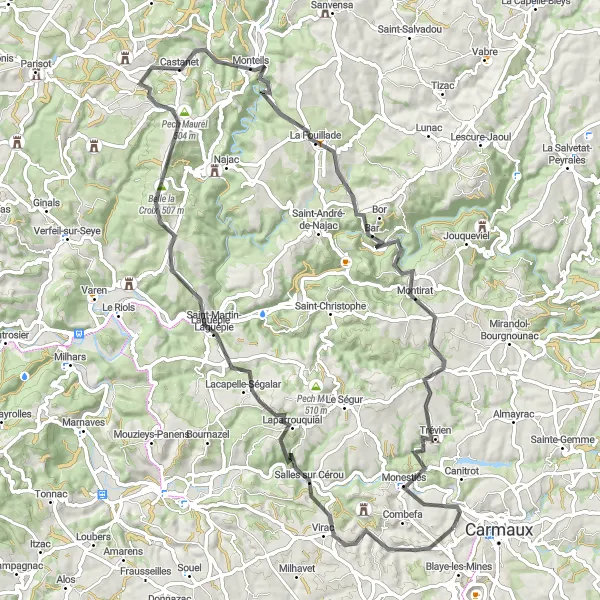 Miniatua del mapa de inspiración ciclista "Ruta escénica de 89 km cerca de Saint-Benoît-de-Carmaux" en Midi-Pyrénées, France. Generado por Tarmacs.app planificador de rutas ciclistas